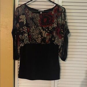 Floral Print Sheer Sleeve Top - Black and Brown Red